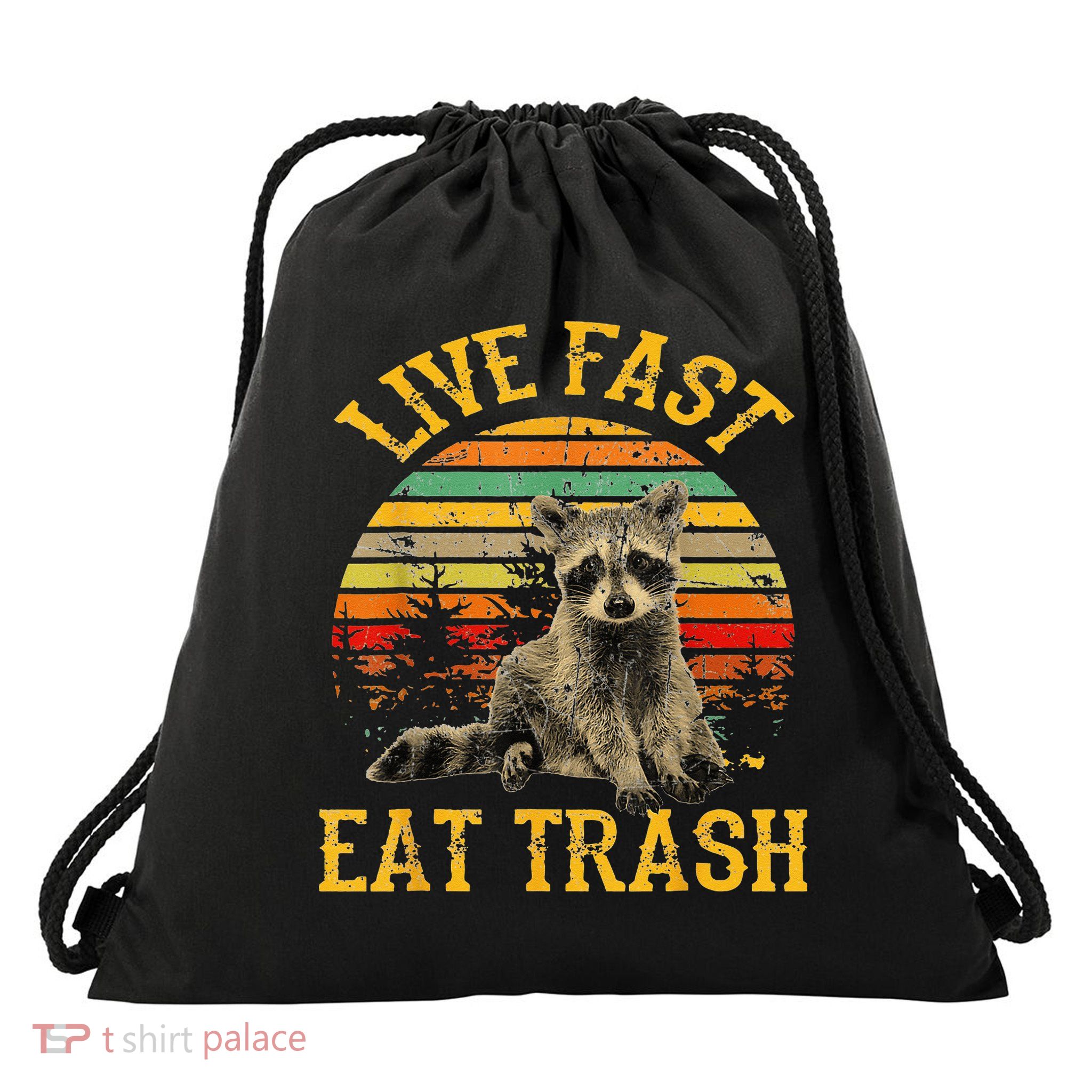 Live fast eat Trash Funny Raccoon Camping Vintage Drawstring Bag