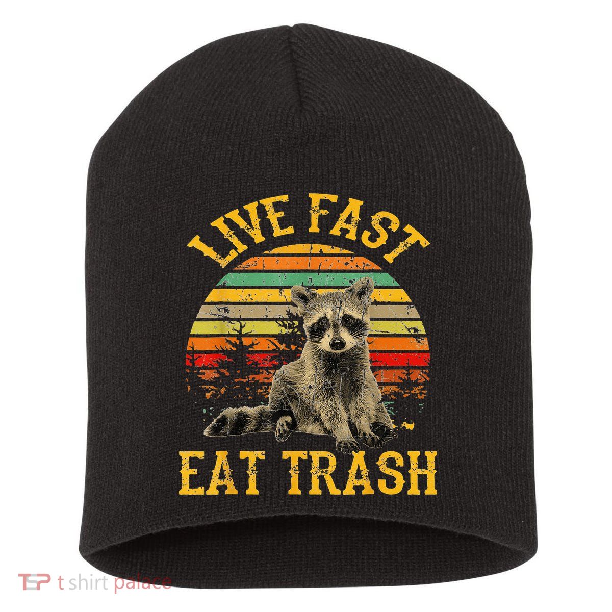 Live fast eat Trash Funny Raccoon Camping Vintage Short Acrylic Beanie