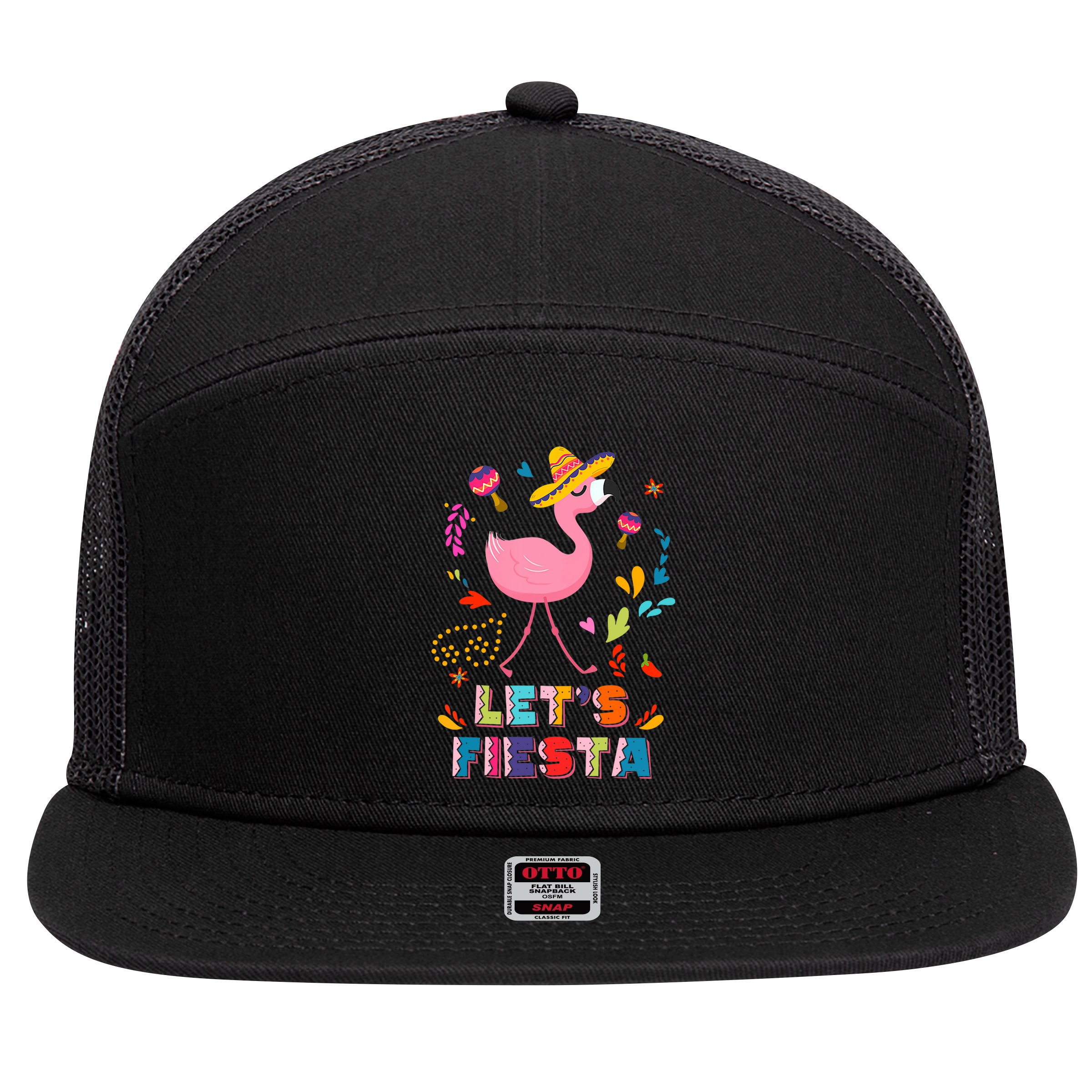 Let's Fiesta Flamingo Cinco De Mayo 7 Panel Mesh Trucker Snapback Hat