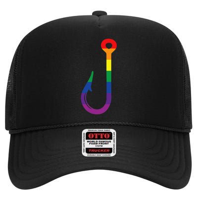 Lgbt Flag Fishing Hook Gay Angler Queer Pride Rainbow High Crown Mesh Back Trucker Hat