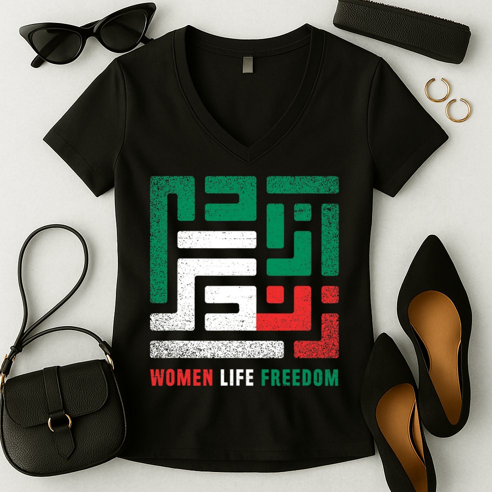  Life Freedom Free Iran Women's V-Neck T-Shirt