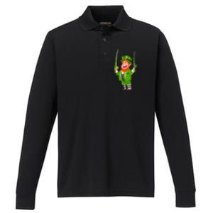 Leprechaun Fishing Funny St Patricks Day Funny Gift Performance Long Sleeve Polo