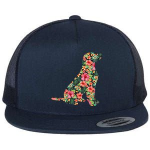 Labrador Flower Funny Dog Silhouette Floral Gifts Flat Bill Trucker Hat