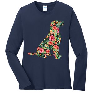 Labrador Flower Funny Dog Silhouette Floral Gifts Ladies Long Sleeve Shirt