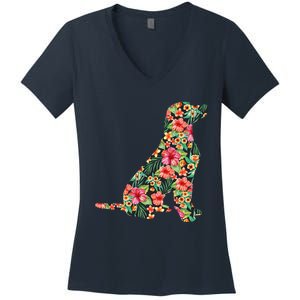 Labrador Flower Funny Dog Silhouette Floral Gifts Women's V-Neck T-Shirt