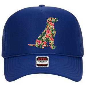 Labrador Flower Funny Dog Silhouette Floral Gifts High Crown Mesh Back Trucker Hat