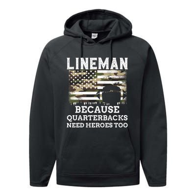 Lineman Football Gift Patriotic American Flag Camouflage Performance Fleece Hoodie