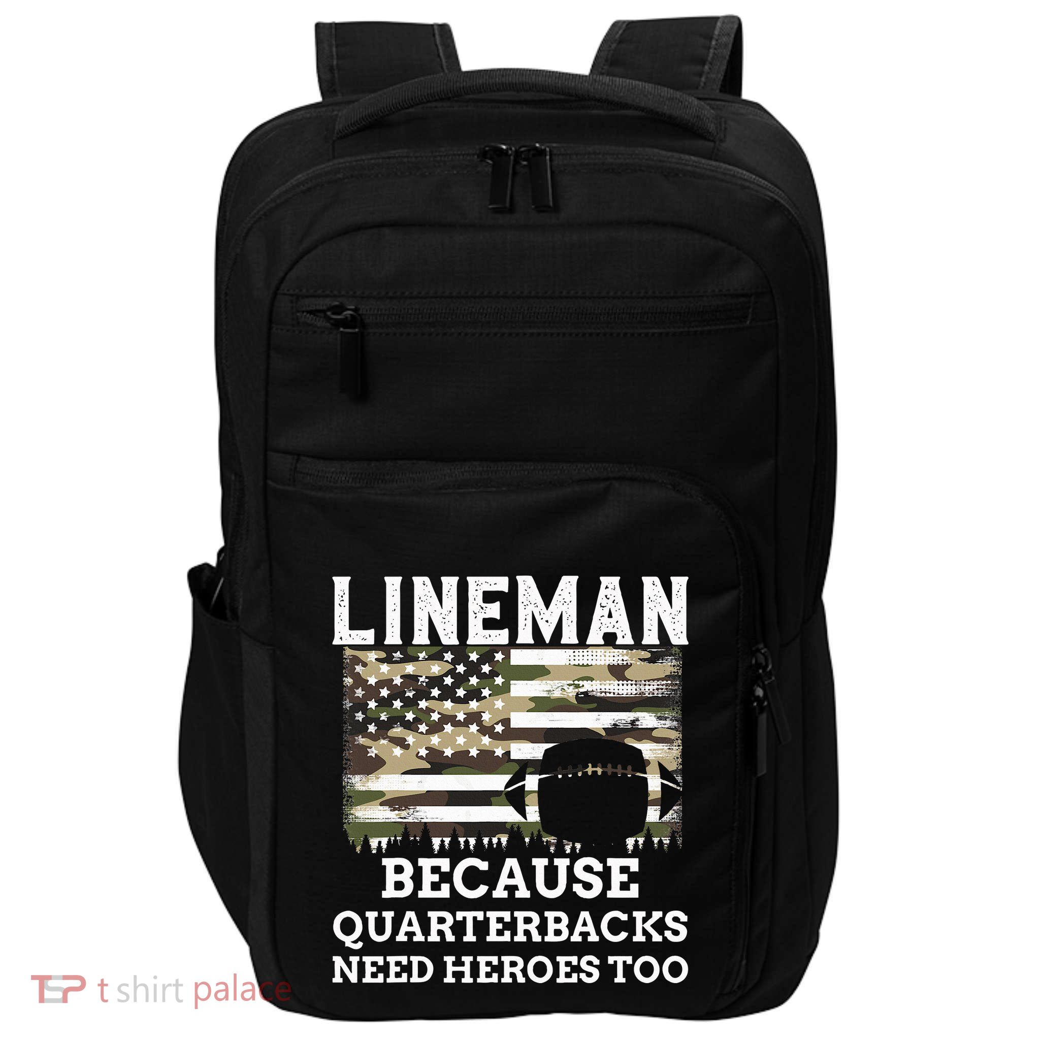 Lineman Football Gift Patriotic American Flag Camouflage Impact Tech Backpack