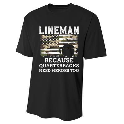 Lineman Football Gift Patriotic American Flag Camouflage Performance Sprint T-Shirt