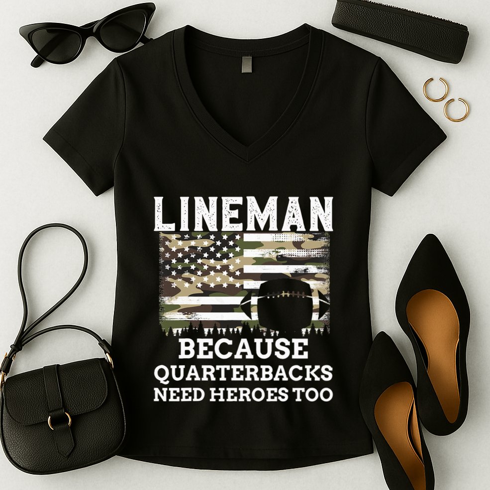 Lineman Football Gift Patriotic American Flag Camouflage Women's V-Neck T-Shirt