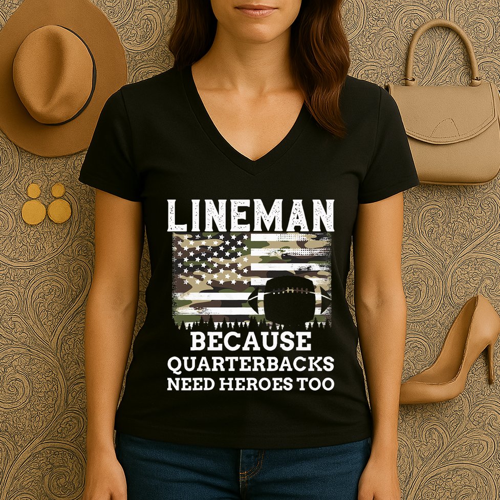 Lineman Football Gift Patriotic American Flag Camouflage Women's V-Neck T-Shirt