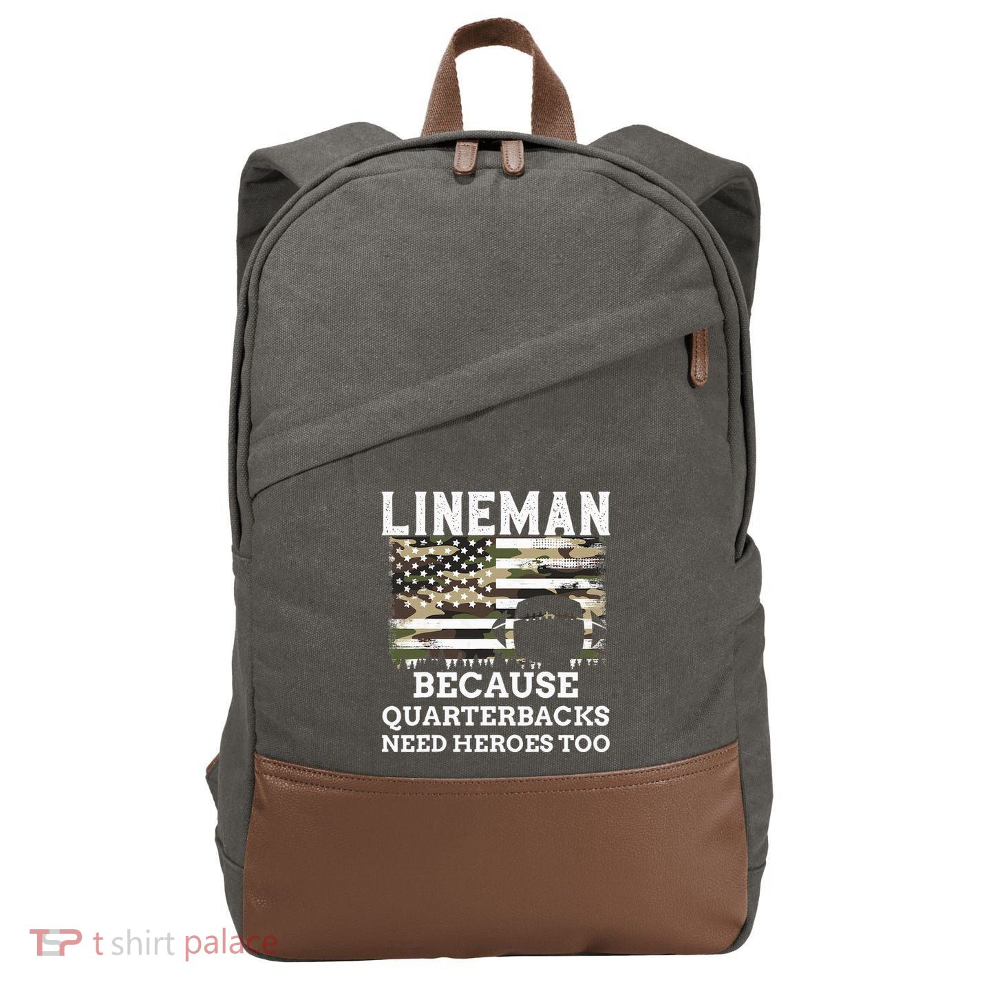 Lineman Football Gift Patriotic American Flag Camouflage Cotton Canvas Backpack