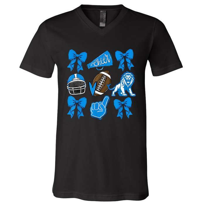 L.I.O.N.S Football Game Day Coquette Lions Bow V-Neck T-Shirt