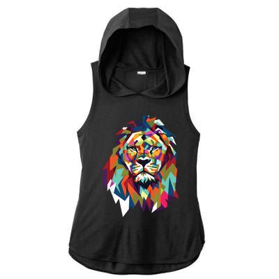 Lion Face Geometric Art Wildlife Animal Lovers Leo Star Sign Ladies PosiCharge Tri-Blend Wicking Draft Hoodie Tank