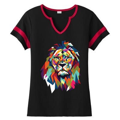 Lion Face Geometric Art Wildlife Animal Lovers Leo Star Sign Ladies Halftime Notch Neck Tee