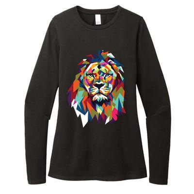 Lion Face Geometric Art Wildlife Animal Lovers Leo Star Sign Womens CVC Long Sleeve Shirt