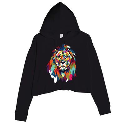 Lion Face Geometric Art Wildlife Animal Lovers Leo Star Sign Crop Fleece Hoodie