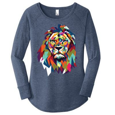 Lion Face Geometric Art Wildlife Animal Lovers Leo Star Sign Women's Perfect Tri Tunic Long Sleeve Shirt