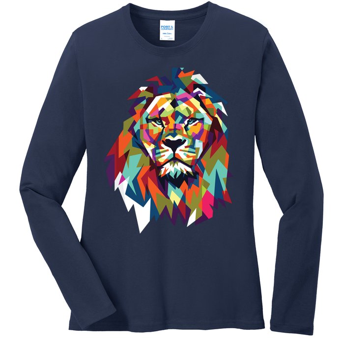 Lion Face Geometric Art Wildlife Animal Lovers Leo Star Sign Ladies Long Sleeve Shirt