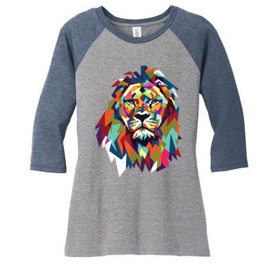 Lion Face Geometric Art Wildlife Animal Lovers Leo Star Sign Women's Tri-Blend 3/4-Sleeve Raglan Shirt