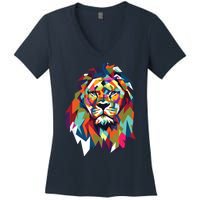 Lion Face Geometric Art Wildlife Animal Lovers Leo Star Sign Women's V-Neck T-Shirt