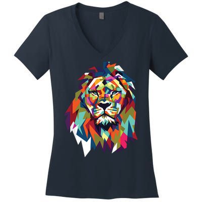 Lion Face Geometric Art Wildlife Animal Lovers Leo Star Sign Women's V-Neck T-Shirt