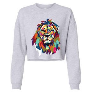 Lion Face Geometric Art Wildlife Animal Lovers Leo Star Sign Cropped Pullover Crew