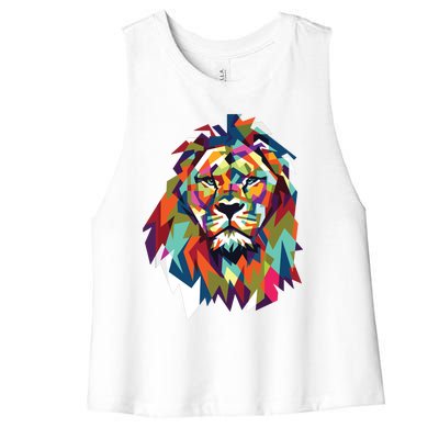 Lion Face Geometric Art Wildlife Animal Lovers Leo Star Sign Women's Racerback Cropped Tank