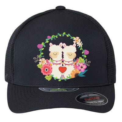 Llama Flowers Heart Alpaca Valentine's Day Gift Flexfit Unipanel Trucker Cap