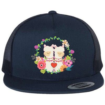 Llama Flowers Heart Alpaca Valentine's Day Gift Flat Bill Trucker Hat