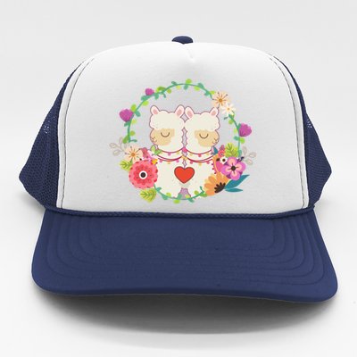 Llama Flowers Heart Alpaca Valentine's Day Gift Trucker Hat