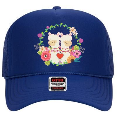 Llama Flowers Heart Alpaca Valentine's Day Gift High Crown Mesh Back Trucker Hat