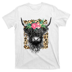 Leopard Floral Highland Cow Heifer Cattles Western Country T-Shirt