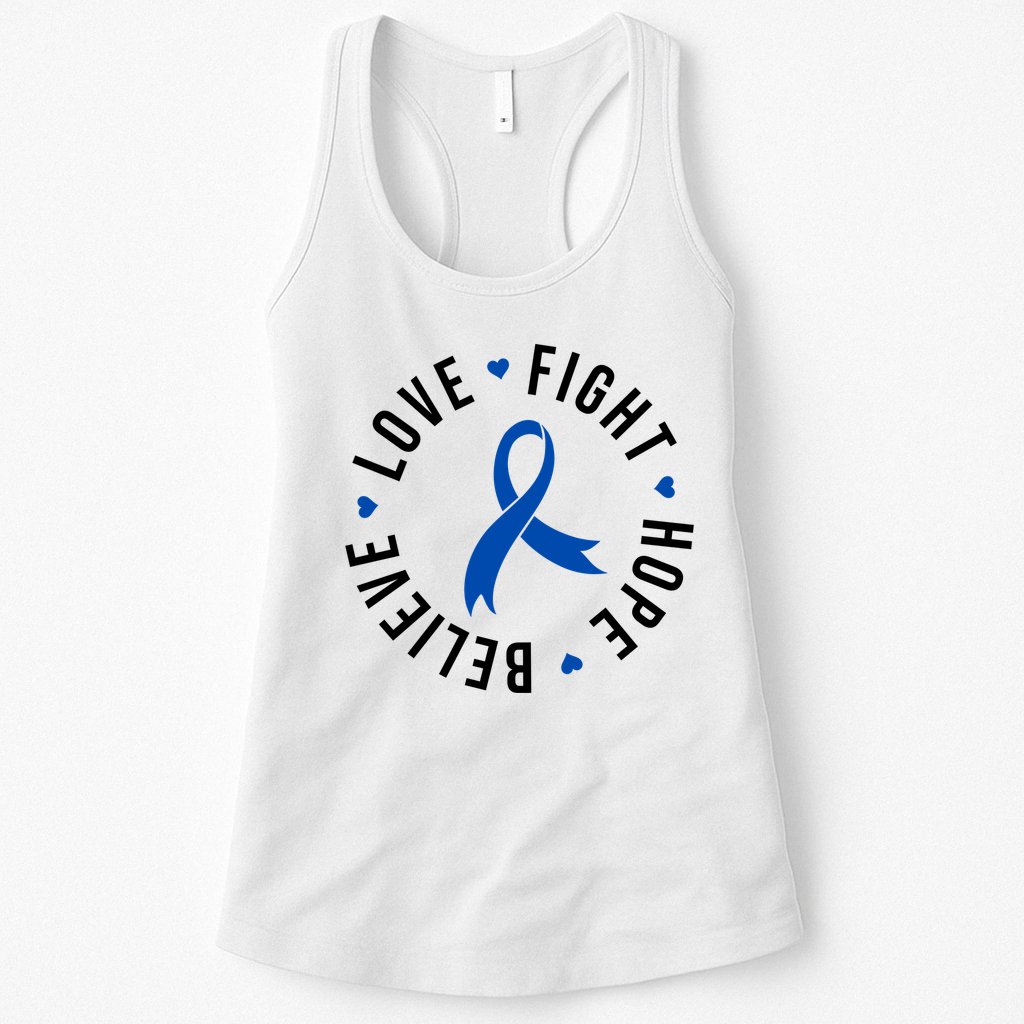 Love Fight Hope And Believe Colon Cancer Awareness Womens Tank Top