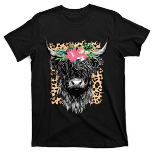 Leopard Floral Highland Cow Heifer Cattles Western Country T-Shirt