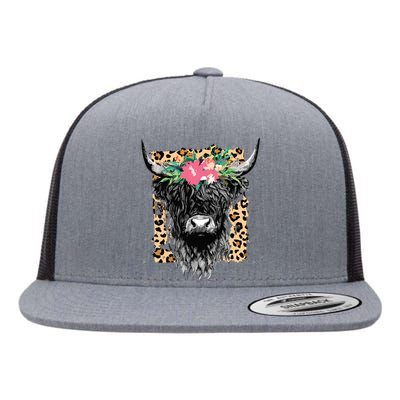 Leopard Floral Highland Cow Heifer Cattles Western Country Flat Bill Trucker Hat