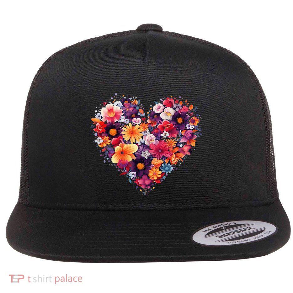 Lovely Flower Hearts Flat Bill Trucker Hat