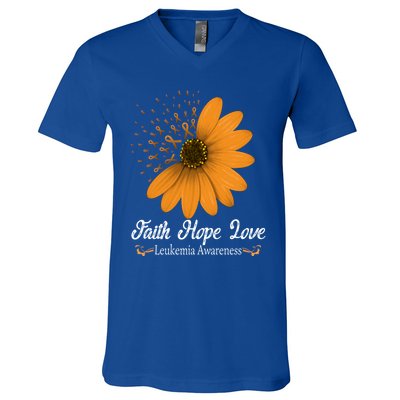 Leukemia Faith Hope Love Orange Ribbon Blood Cancer Support Gift V-Neck T-Shirt