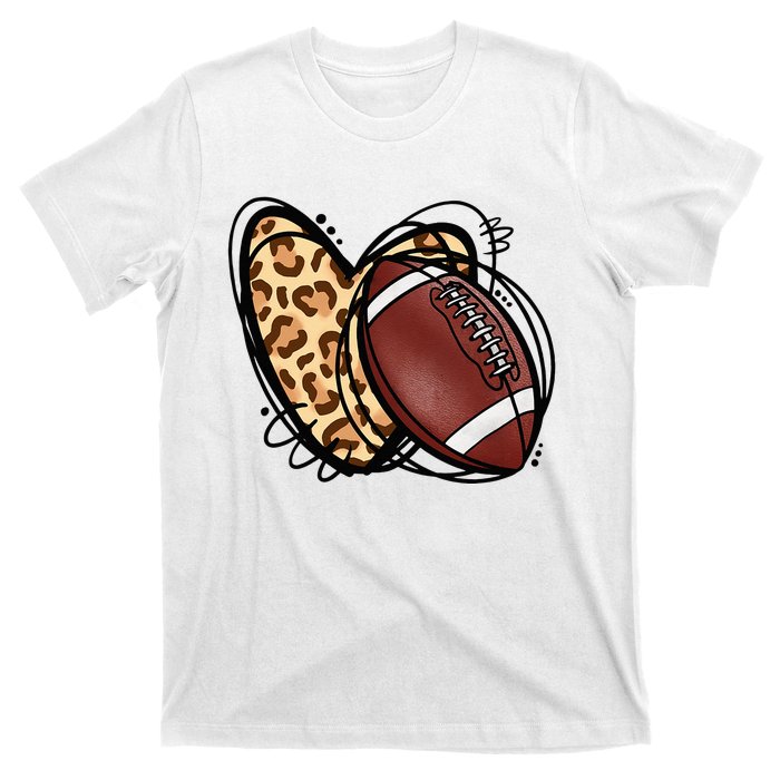 Leopard Football Love Heart Football Lover Football Season T-Shirt