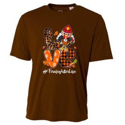 Love Firefighter Leopard Turkey Fall Thanksgiving Cooling Performance Crew T-Shirt