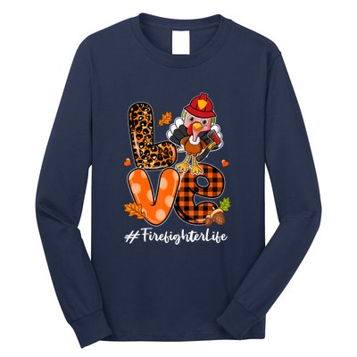 Love Firefighter Leopard Turkey Fall Thanksgiving Long Sleeve Shirt