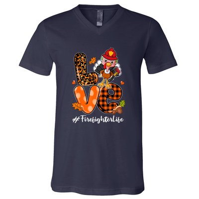 Love Firefighter Leopard Turkey Fall Thanksgiving V-Neck T-Shirt