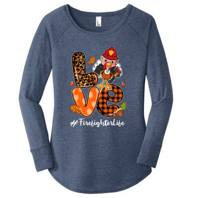 Love Firefighter Leopard Turkey Fall Thanksgiving Women's Perfect Tri Tunic Long Sleeve Shirt