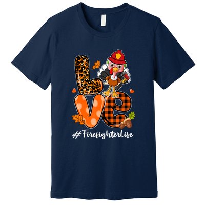 Love Firefighter Leopard Turkey Fall Thanksgiving Premium T-Shirt