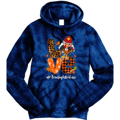 Love Firefighter Leopard Turkey Fall Thanksgiving Tie Dye Hoodie