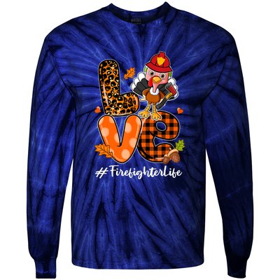 Love Firefighter Leopard Turkey Fall Thanksgiving Tie-Dye Long Sleeve Shirt