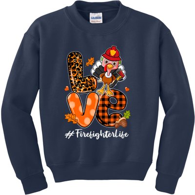 Love Firefighter Leopard Turkey Fall Thanksgiving Kids Sweatshirt