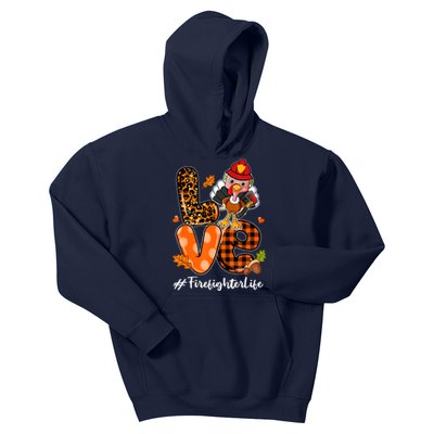 Love Firefighter Leopard Turkey Fall Thanksgiving Kids Hoodie