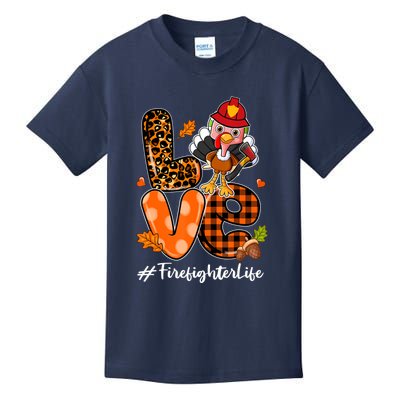 Love Firefighter Leopard Turkey Fall Thanksgiving Kids T-Shirt