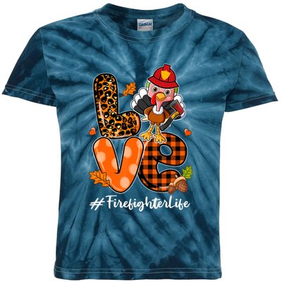 Love Firefighter Leopard Turkey Fall Thanksgiving Kids Tie-Dye T-Shirt